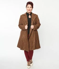 SHEEN Clothing Ltd Plus Size Tan Gingham Double Breasted Tania Coat