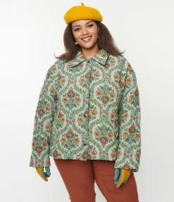 Polagram (Well Made) Clothing Plus Size Vintage Green Floral Tapestry Jacquard Jacket