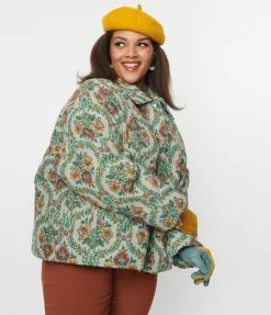 Polagram (Well Made) Clothing Plus Size Vintage Green Floral Tapestry Jacquard Jacket