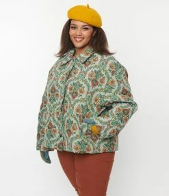 Polagram (Well Made) Clothing Plus Size Vintage Green Floral Tapestry Jacquard Jacket