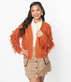 Polagram (Well Made) Orange Fringe Open Cardigan Trending