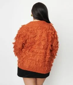 Polagram (Well Made) Trending Plus Size Orange Fringe Open Cardigan