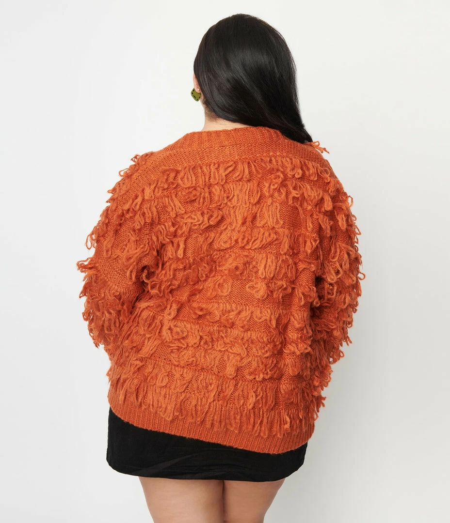 Polagram (Well Made) Trending Plus Size Orange Fringe Open Cardigan