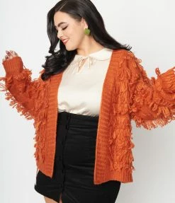 Polagram (Well Made) Trending Plus Size Orange Fringe Open Cardigan