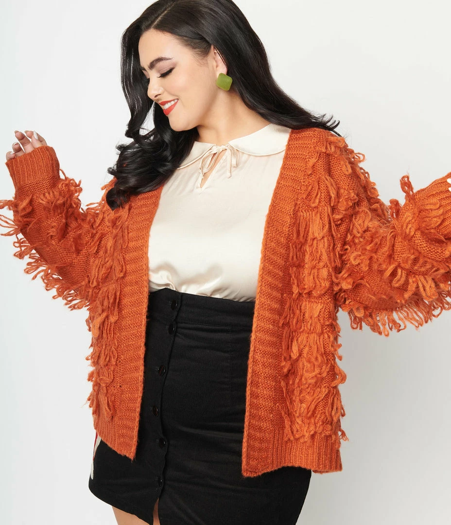 Polagram (Well Made) Trending Plus Size Orange Fringe Open Cardigan