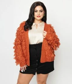 Polagram (Well Made) Trending Plus Size Orange Fringe Open Cardigan