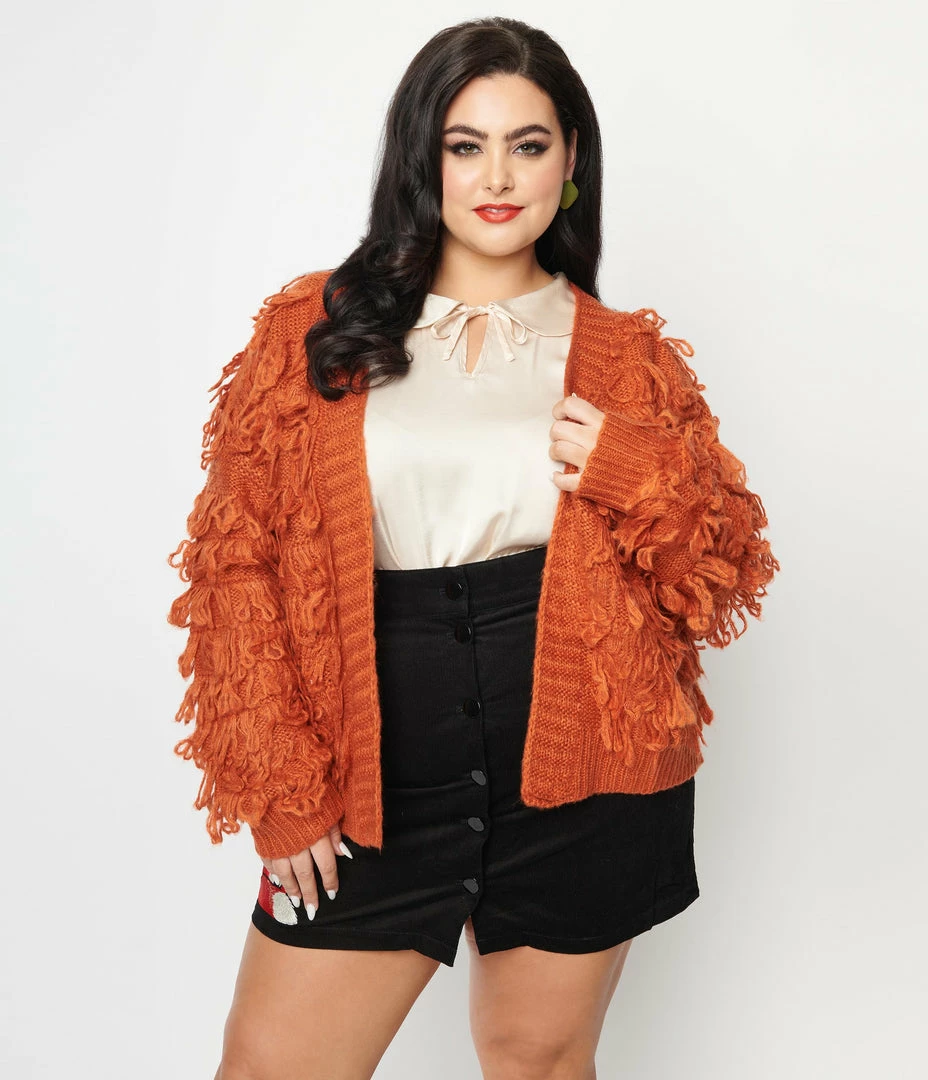 Polagram (Well Made) Trending Plus Size Orange Fringe Open Cardigan