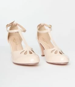 In Touch Footwear Nude Patent Leatherette Cutout Kimmy T-Strap Heels Flapper