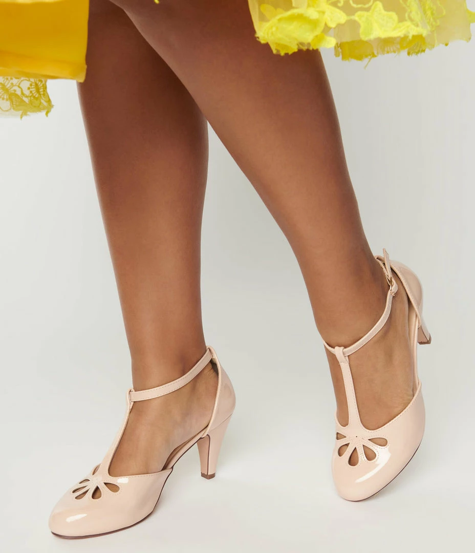 In Touch Footwear Nude Patent Leatherette Cutout Kimmy T-Strap Heels Flapper