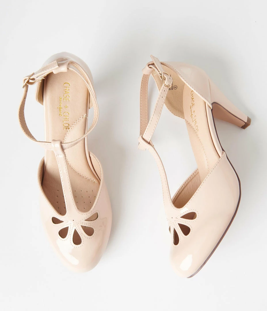 In Touch Footwear Nude Patent Leatherette Cutout Kimmy T-Strap Heels Flapper