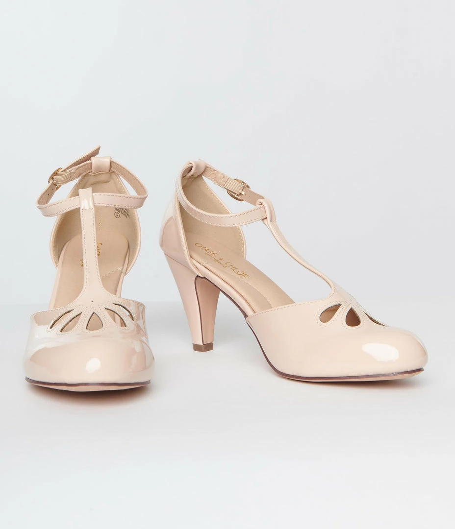 In Touch Footwear Nude Patent Leatherette Cutout Kimmy T-Strap Heels Flapper