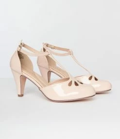 In Touch Footwear Nude Patent Leatherette Cutout Kimmy T-Strap Heels Flapper