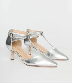 In Touch Footwear Silver Leatherette T-Strap Pumps