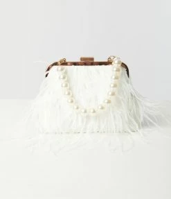 FAME Accessories White Pearl & Feather Fringe Clutch New Arrivals!