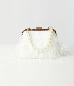 FAME Accessories White Pearl & Feather Fringe Clutch New Arrivals!