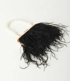 FAME Accessories Black Pearl & Feather Fringe Clutch