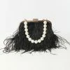 FAME Accessories Black Pearl & Feather Fringe Clutch