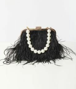 FAME Accessories Black Pearl & Feather Fringe Clutch