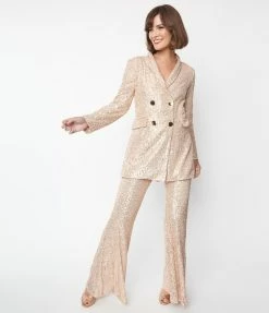 Saints & Hearts Champagne & Rose Gold Sequin Flare Pants Clothing