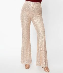 Saints & Hearts Champagne & Rose Gold Sequin Flare Pants Clothing
