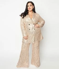 Saints & Hearts Plus Size Champagne & Rose Gold Sequin Flare Pants Clothing