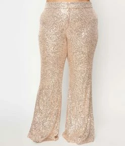 Saints & Hearts Plus Size Champagne & Rose Gold Sequin Flare Pants Clothing