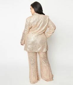 Saints & Hearts Plus Size Champagne & Rose Gold Sequin Flare Pants Clothing