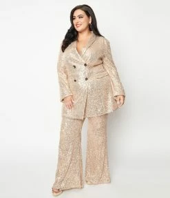Saints & Hearts Plus Size Champagne & Rose Gold Sequin Flare Pants Clothing