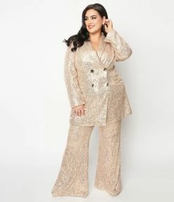 Saints & Hearts Plus Size Champagne & Rose Gold Sequin Flare Pants Clothing