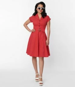 Lifestyle Group (UK) Ltd 1950s Belted Red Pin Dot Swing Dress Clothing