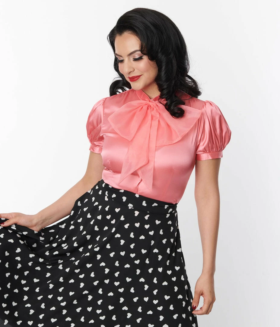 Silver Stop Inc. (Voodoo Vixen) Voodoo Vixen Pink Bold Bow Satin Blouse Clothing