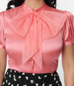 Silver Stop Inc. (Voodoo Vixen) Voodoo Vixen Pink Bold Bow Satin Blouse Clothing