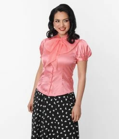 Silver Stop Inc. (Voodoo Vixen) Voodoo Vixen Pink Bold Bow Satin Blouse Clothing