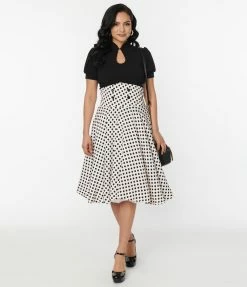 Atixo GmbH (Belsira) (Faire) White & Black Dot High Waisted Swing Skirt Clothing