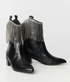 In Touch Footwear Black Rhinestone Tassel Cowboy Boots