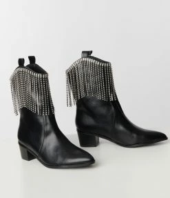 In Touch Footwear Black Rhinestone Tassel Cowboy Boots