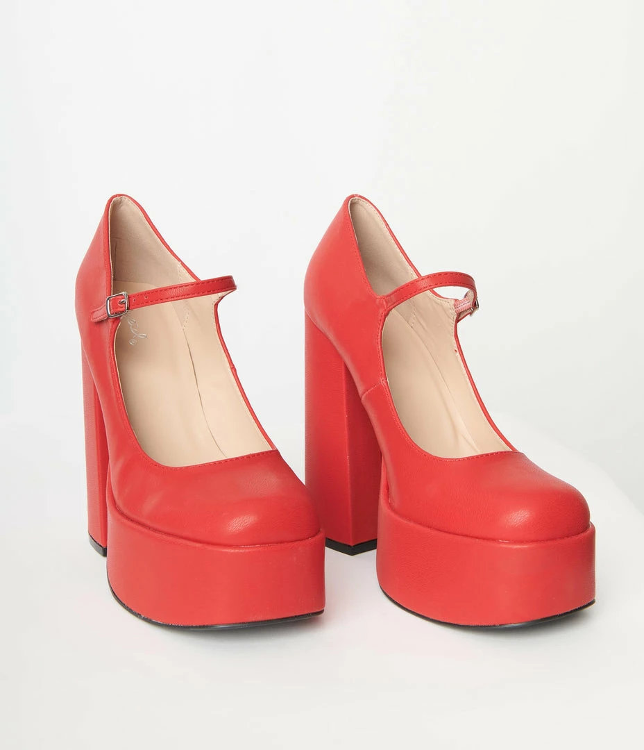 Qupid Red Platform Mary Jane Heels