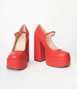 Qupid Red Platform Mary Jane Heels