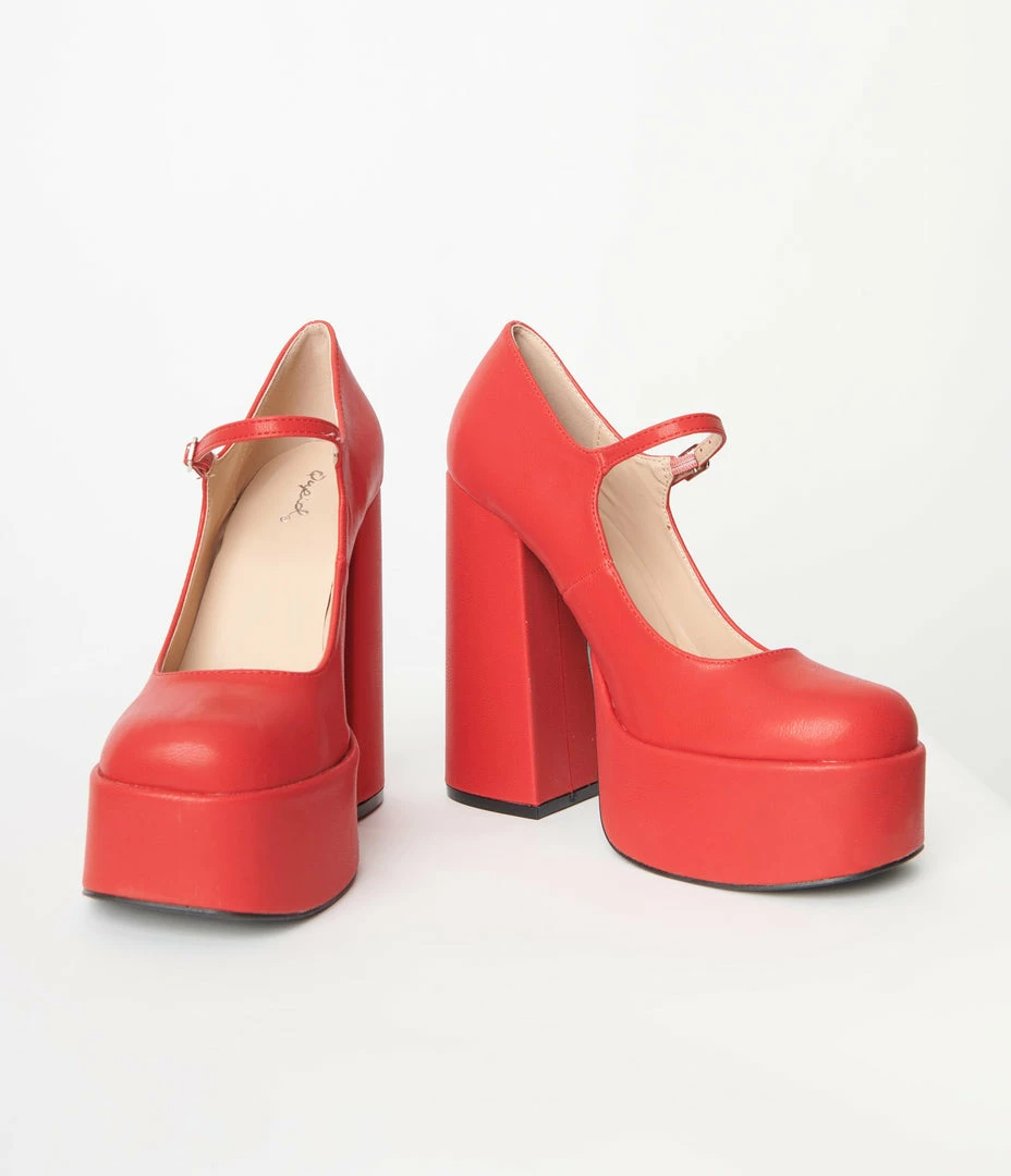 Qupid Red Platform Mary Jane Heels