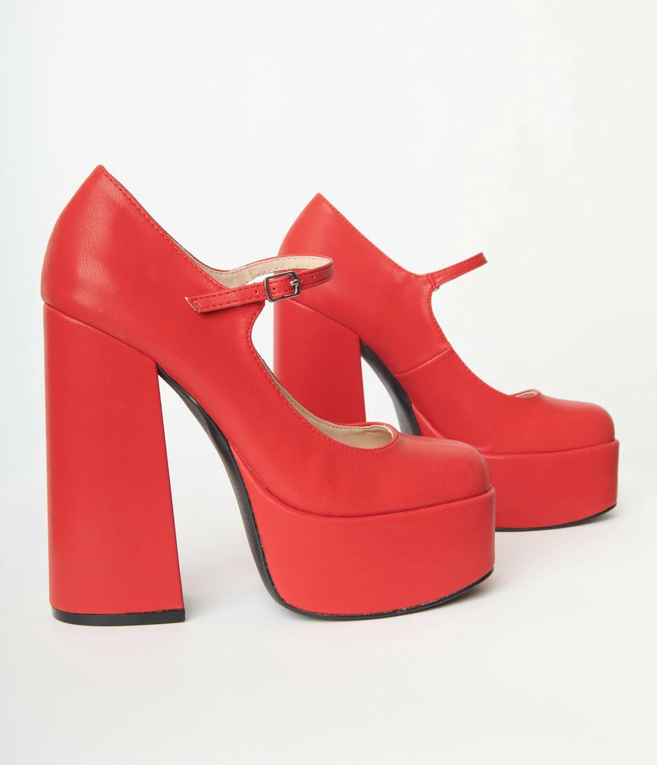 Qupid Red Platform Mary Jane Heels