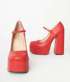 Qupid Red Platform Mary Jane Heels