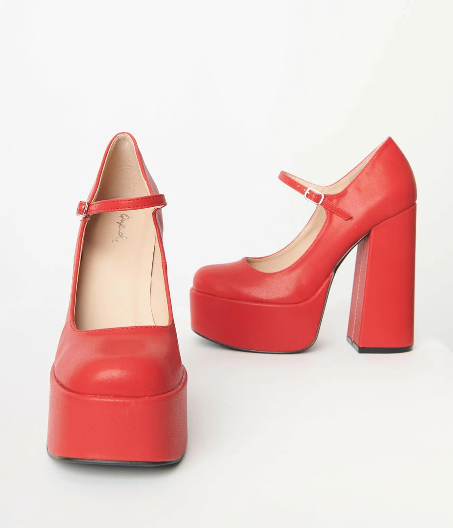 Qupid Red Platform Mary Jane Heels
