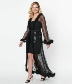 Western Fashion Black Faux Feather Sheer Longline Robe