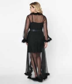 Western Fashion Black Faux Feather Sheer Longline Robe