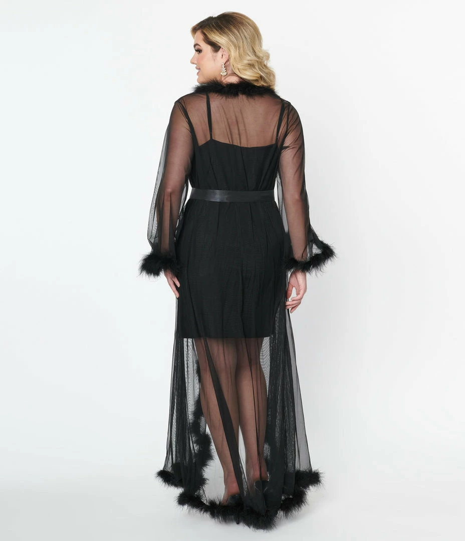 Western Fashion Black Faux Feather Sheer Longline Robe
