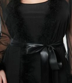 Western Fashion Black Faux Feather Sheer Longline Robe