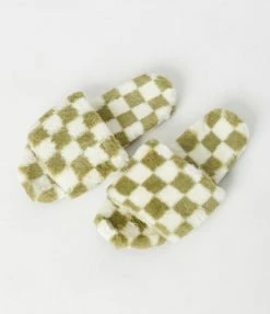 En Creme Green & Ivory Check Fuzzy Slippers