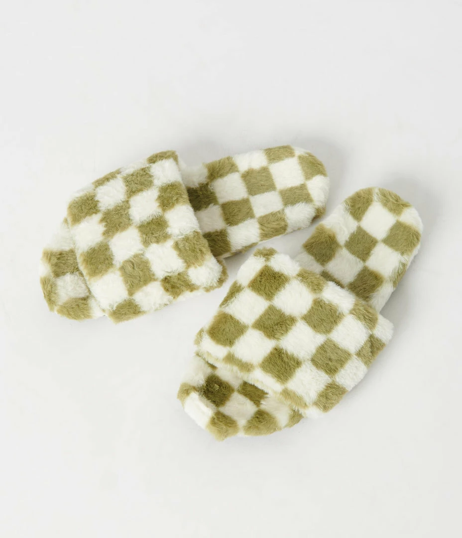 En Creme Green & Ivory Check Fuzzy Slippers