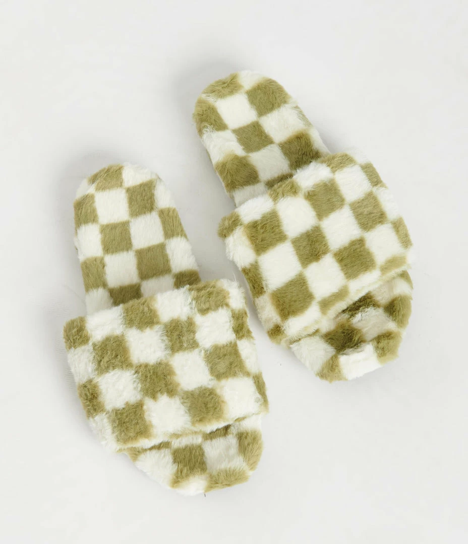 En Creme Green & Ivory Check Fuzzy Slippers
