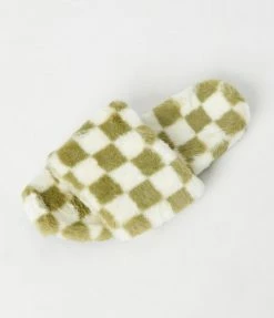 En Creme Green & Ivory Check Fuzzy Slippers